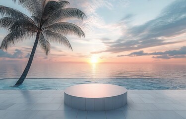 Sticker - Minimalist podium by ocean at sunset, palm tree, tranquil scene.