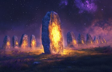 Wall Mural - glowing stones in a mystical circle at night under a starry sky.