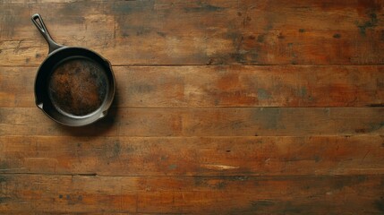 Poster - A cast-iron skillet rests on a rustic wooden table, showcasing its aged surface while soft, warm light highlights its culinary appeal and timeless character