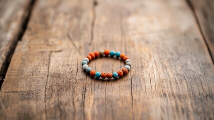 Aufkleber - A vibrant Bohemian bracelet rests on a rustic wooden table, featuring intricate beads that catch soft natural light, casting gentle shadows across the surface