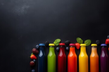 Poster - Close-up of a single colorful bottle filled with freshly squeezed fruit juice, surrounded by other vibrant bottles, showcasing a diverse array of flavors