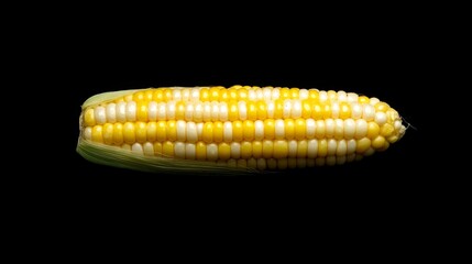 Poster - Bright yellow corn on the cob with glossy kernels lies in its husk, showing off its fresh and juicy texture in natural light, perfect for culinary themes