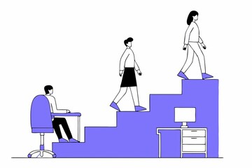 Poster - A stylized illustration showing three individuals ascending stairs, representing progress and growth in a professional or personal context.