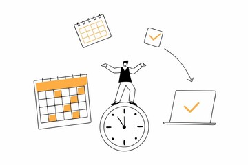 Poster - A person balances on a clock, surrounded by calendars and a laptop, symbolizing time management and productivity.