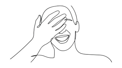 Poster - A minimalist line drawing depicts a persons joyful face, one hand playfully covering an eye, revealing a broad smile. The single continuous line style creates a simple yet expressive portrait.
