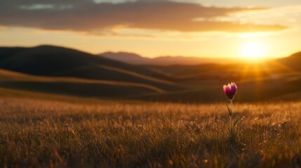 Poster - A single pink wildflower stands alone, swaying softly in the breeze, illuminated by the warm sunlight, surrounded by gentle hills in the distance during golden hour