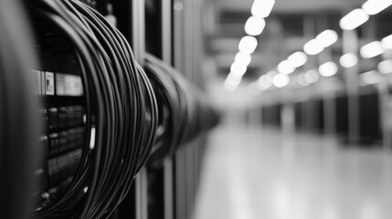 Aufkleber - Network cables are neatly arranged and labeled, showcasing an efficient arrangement within the server at a modern data center. Copy space is available on one side