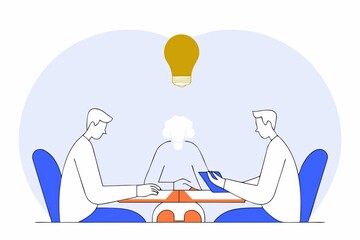 Poster - Two people collaborate at a table, sharing ideas under a light bulb, symbolizing creativity and teamwork in a modern workspace.