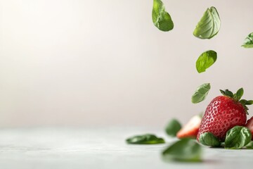 Aufkleber - A close-up captures a ripe strawberry and half-slices floating above, surrounded by green leaves, presented against a soft pastel backdrop