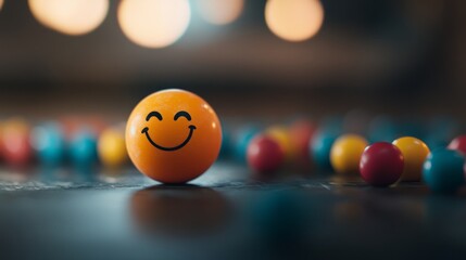 Leinwandbilder - A cheerful emoji ball with a smiling face stands out in the foreground, surrounded by a blur of colorful balls, enhancing a dynamic and playful feel