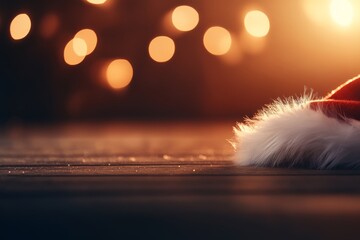 Poster - A soft white Santa cap with fur trim rests on a rustic wooden surface, illuminated by gentle golden lighting and delicate sparkles of snow, evoking a festive atmosphere