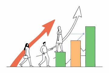 Poster - A graphic illustrating growth and progress, featuring figures ascending bar graphs and arrows symbolizing upward trends.