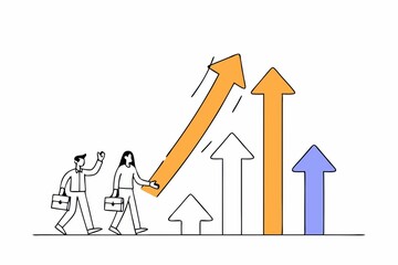 Poster - Two business figures walk toward growth, represented by upward arrows in various colors, symbolizing progress and collaboration.