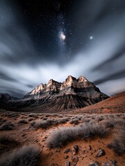 a dramatic time-lapse fusion of a starry night sky rotating above an ancient mountain range, milky w