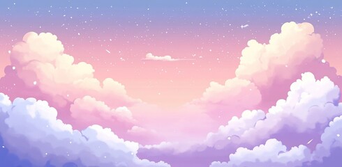 Wall Mural - pastel pink and purple sky with fluffy clouds and stars.