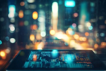 Poster - A tablet with a screen showing a city skyline. background of financial business concept.