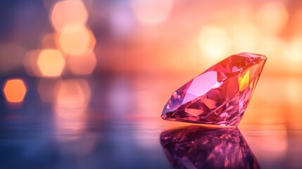Leinwandbilder - A shimmering diamond showcases its beauty on a smooth reflective surface. Light interacts with its facets, creating a magical display of reflections and shadows