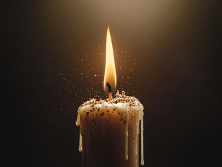 Poster - a mesmerizing time-lapse fusion of a candle melting, wax dripping down in slow motion, flame flicker