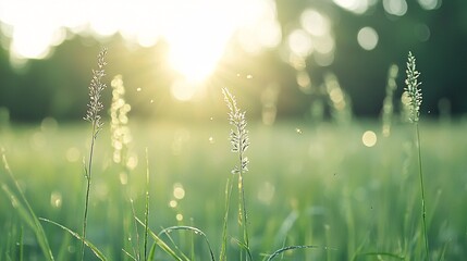 Poster - A peaceful time-lapse fusion of a countryside meadow from dawn to dusk, golden sunrise, lush greenery under midday light, soft sunset hues, fireflies appearing at night, a dreamy transition, rich in
