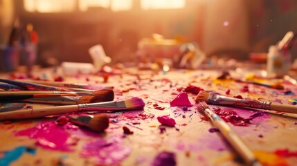 Aufkleber - Close-up of an artist's palette showcasing vivid paint dabs and brushstrokes, complemented by paintbrushes in soft studio lighting, emphasizing creativity and texture