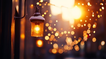 Poster - Close-up of a vintage street lamp covered in snow, glowing warmly against a blurred winter backdrop filled with sparkly lights and snowflakes