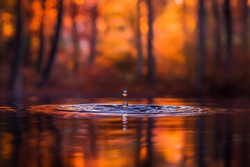 Aufkleber - Water droplet hovers in mid-air, showcasing fiery reflections and the calming interplay of light and colors in a serene outdoor setting
