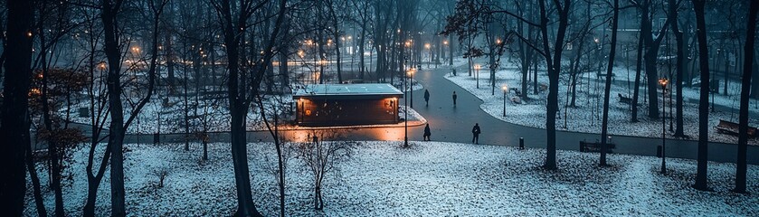 Poster - A cinematic time-lapse fusion of a city park throughout the day, joggers in the morning, children playing, people reading under trees, lights glowing at night, lively and ever-changing, editorial