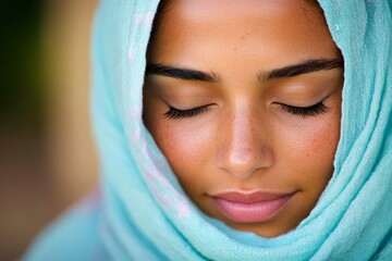 Poster - A woman sleeps peacefully, her face partially covered by a soft blue cloth, creating a calm and serene atmosphere, inviting feelings of relaxation and comfort