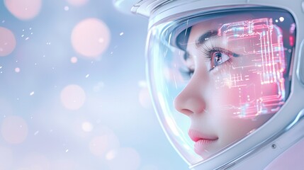 Aufkleber - A futuristic astronaut gazes thoughtfully, with a digital display reflected in her helmet, surrounded by a soft, ethereal glow.