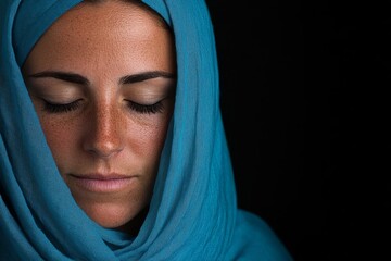 Aufkleber - A woman experiences tranquility with her eyes closed and mouth slightly open, partially covered by soft blue fabric, embodying a peaceful moment of relaxation