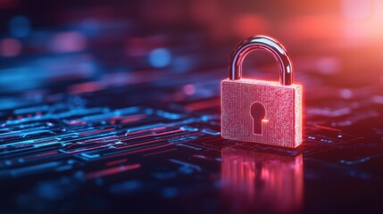 Poster - A glowing digital padlock sits on a circuit board, symbolizing cybersecurity and data protection in a high-tech environment.