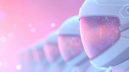 Aufkleber - A futuristic scene featuring a row of astronaut helmets reflecting cosmic colors in a stylish, dreamy background.