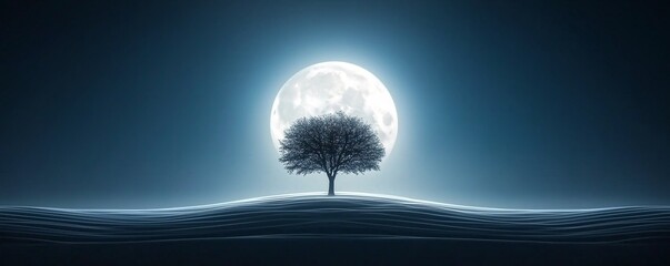 Poster - A powerful time-lapse fusion of a full moon rising behind a silhouette of a lone tree, deep blue night sky, shifting clouds, glowing lunar surface, soft cinematic lighting, poetic composition,