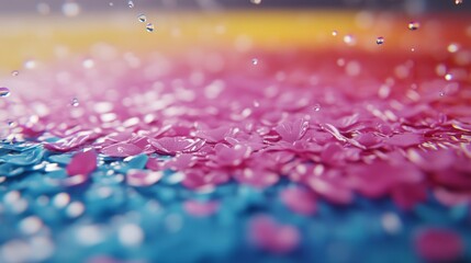 Fototapete - Colorful water droplets rest on a delicate flower petal, reflecting light and creating a refreshing visual effect. Soft focus highlights intricate floral details