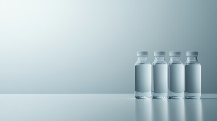 Aufkleber - Four clear plastic bottles with minimalist design are neatly arranged side by side, partially filled with water, against a calm neutral background, offering copy space