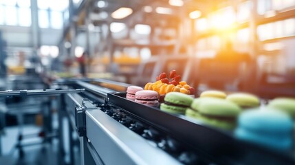 Poster - Soft lighting showcases neatly arranged macaroons on a conveyor belt in a confectionery factory, illustrating the meticulous production and vibrant colors of sweets