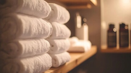 Poster - Soft white bath towels are neatly stacked on a wooden shelf, enhancing the tidy atmosphere of a laundry room with muted walls and warm natural light