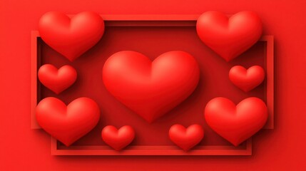 Aufkleber - Red 3D Hearts in a Frame on Red Background Valentine's Day Design