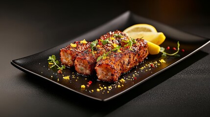 Poster - Succulent grilled octopus is beautifully presented on a matte black plate, garnished with lemon wedges and fresh herbs, showcasing exquisite culinary technique