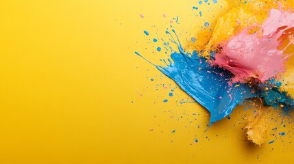 Aufkleber - Bright splashes of paint in blue, pink, and yellow burst dramatically against a vivid yellow background, forming an energetic abstract display with potential for copy