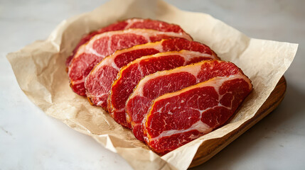 Poster - beautifully arranged selection of raw bacon slices on parchment paper, showcasing marbled textures and rich red hues, ready for cooking