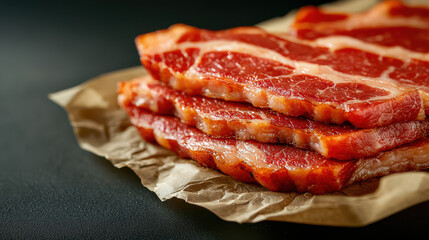Poster - beautifully arranged selection of raw bacon slices on brown paper, showcasing marbled texture and rich color. image highlights freshness and quality of meat