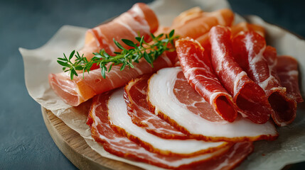 Poster - beautifully arranged selection of raw bacon slices with herbs on wooden board, showcasing variety of textures and colors. presentation is appetizing and rustic