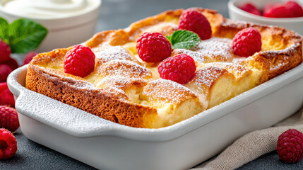 Aufkleber - comforting bread pudding with crisp golden crust, topped with fresh raspberries and dusting of powdered sugar, served in white ceramic dish