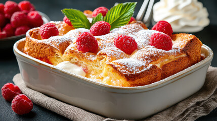 Aufkleber - comforting bread pudding with crisp golden crust, topped with fresh raspberries and dusting of powdered sugar, served with whipped cream
