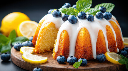 Aufkleber - freshly baked blueberry bundt cake with golden moist texture is topped with creamy white glaze and garnished with fresh blueberries and mint leaves, surrounded by lemon slices