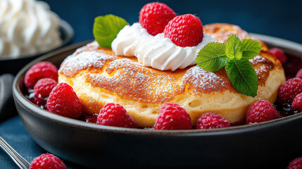 Aufkleber - fluffy golden souffle pancake topped with whipped cream and fresh raspberries, garnished with mint leaves, sits black bowl surrounded by more raspberries, creating delicious and inviting dessert
