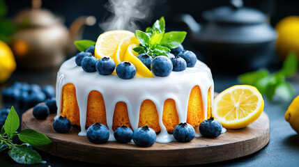Aufkleber - rich and buttery blueberry bundt cake with luscious lemon glaze, garnished with fresh blueberries and mint leaves, sits on wooden board. cake is surrounded by lemons and teapots