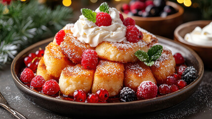 Poster - warm and fluffy dessert topped with whipped cream, raspberries, and mint leaves, dusted with powdered sugar, surrounded by festive decorations