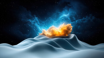 Poster - surreal landscape with smooth, wavy hills under starry sky, featuring glowing cloud and digital network